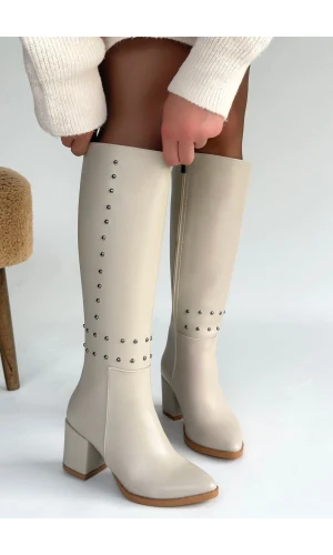 Tiyan Bej Cilt Topuklu Çizme