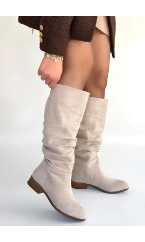 Winda Bej Süet Körüklü Topuklu Çizme