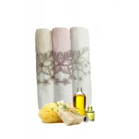 3 Lü Tül Dantel İşlemeli Boncuklu Havlu Seti 50X90 Cm