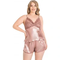 Arias Closet Büyük Beden Vizon Saten Babydoll Şort Takımı