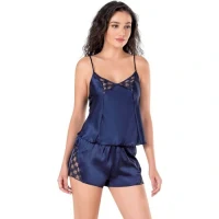 Arias Closet Lacivert Saten Babydoll Şort Takımı