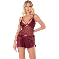 Arias Closet Bordo Saten Babydoll Şort Takımı
