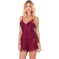 Arias Closet Bordo Saten Babydoll Şort Takımı