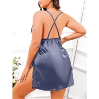 Arias Closet Büyük Beden Lacivert Dantel Işlemeli Ince Askılı Saten Fantezi Gecelik