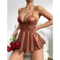 Arias Closet Kahverengi Parlak Lame Fantezi Deri Elbise