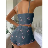 Arias Closet Mavi Kiraz Desenli Askılı Şortlu Pijama Takımı