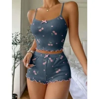 Arias Closet Mavi Kiraz Desenli Askılı Şortlu Pijama Takımı