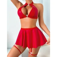 Arias Closet Kırmızı Dekolteli Etekli Boyundan Bağlamalı Fantezi Parlak Deri Kostüm