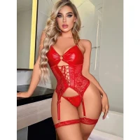 Arias Closet Kırmızı Dantel Işlemeli Büstiyerli Fantezi Deri Jartiyer Takımı