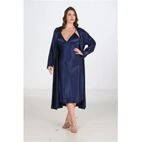 Arias Closet Premium Büyük Beden Saten Lacivert Uzun 2li Gecelik Sabahlık Takımı Bigsize