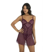 Arias Closet Dantel İşlemeli Mürdüm Kısa Tül Gecelik