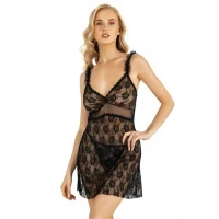 Arias Closet Dantel İşlemeli Siyah Kısa Tül Gecelik