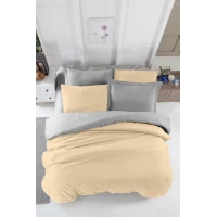 Çift Kişilik Lastikli Çarşaflı Nevresim Takımı Pamuklu Four Season Bej Gri