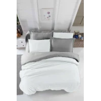 Çift Kişilik Lastikli Çarşaflı Nevresim Takımı Pamuklu Four Season Beyaz Gri