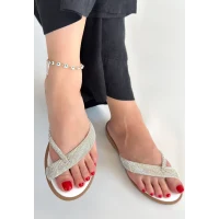 Eday Gümüş Boncuk İşlemeli Terlik