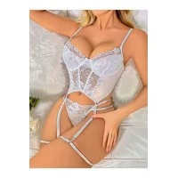 Transparan Beyaz Dantel İşlemeli Büstiyerli Jartiyer Takımı
