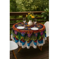 Yuvarlak Etnik Desenli Duck Kumaş Masa Örtüsü 150X150 Cm