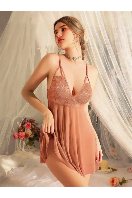Arias Closet Dantel İşlemeli Tül Transparan Kahverengi Fantezi Gecelik