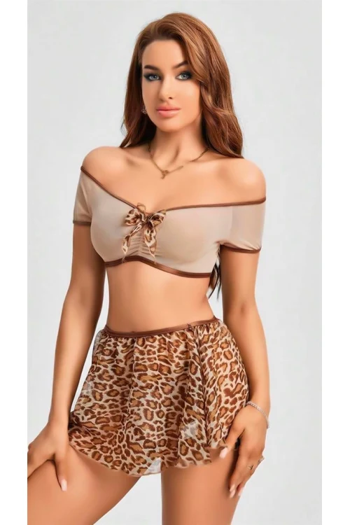 Arias Closet Kalın Askılı Sütyen Leopar Desen Etekli Fantezi Gecelik