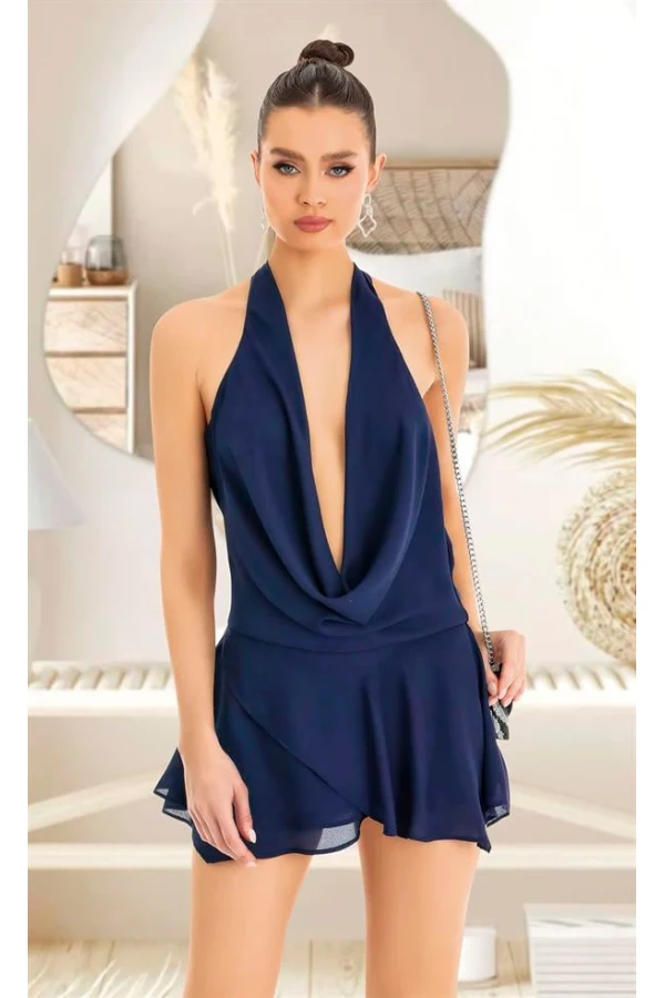 Arias Closet Lacivert Sırt ve Göğüs Dekolteli Fantezi Mini Elbise