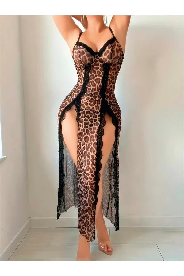 Arias Closet Leopar Desenli Yırtmaçlı Fantezi Uzun Gecelik