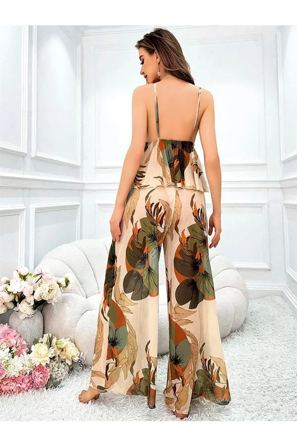 Arias Closet Özel Tasarım Çiçek Desenli Salaş Şık Dekolteli 2li Takım