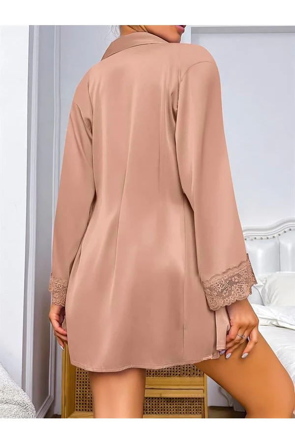 Arias Closet Özel Tasarım Dantel İşlemeli Şık Göğüs Dekolteli Sabahlıklı 2li Saten Gecelik Takımı