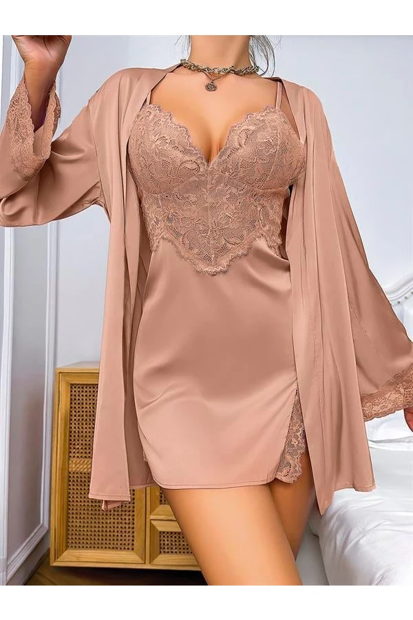 Arias Closet Özel Tasarım Dantel İşlemeli Şık Göğüs Dekolteli Sabahlıklı 2li Saten Gecelik Takımı