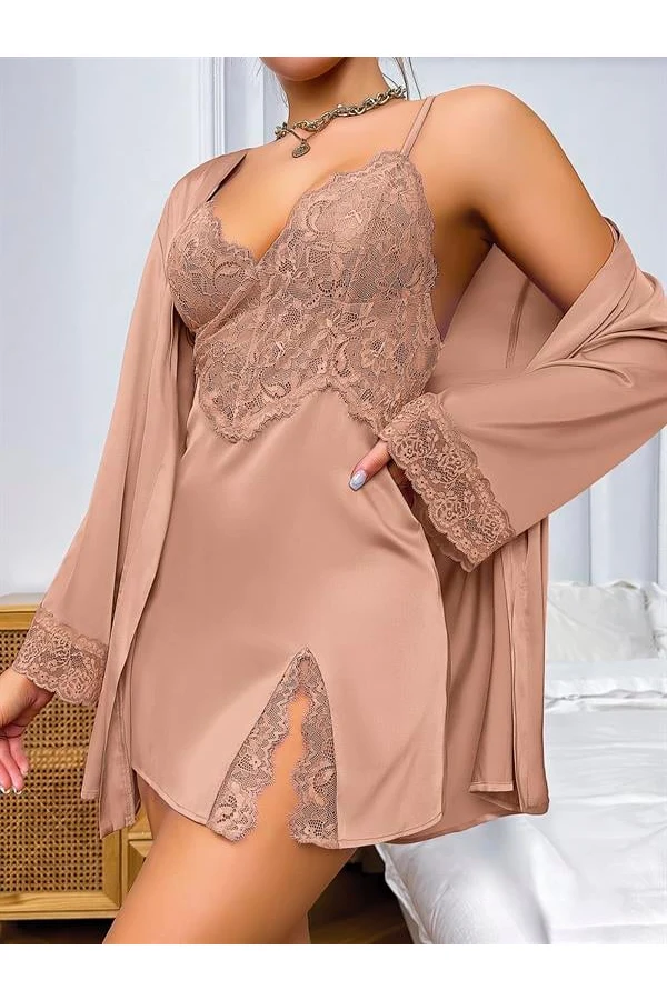Arias Closet Özel Tasarım Dantel İşlemeli Şık Göğüs Dekolteli Sabahlıklı 2li Saten Gecelik Takımı