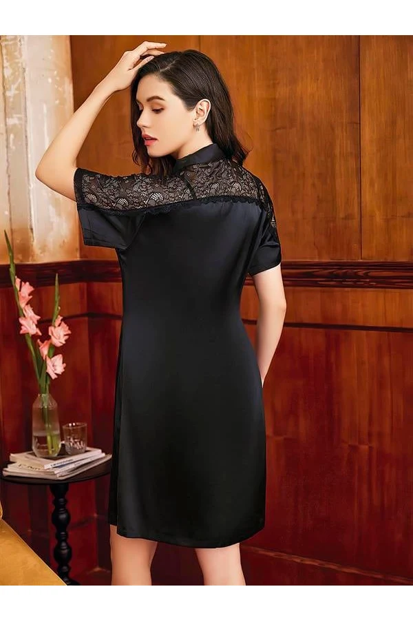 Arias Closet Özel Tasarım Dantel İşlemeli Şık Göğüs Dekolteli Yırtmaçlı Sabahlıklı 2li Siyah Saten Gecelik Takımı