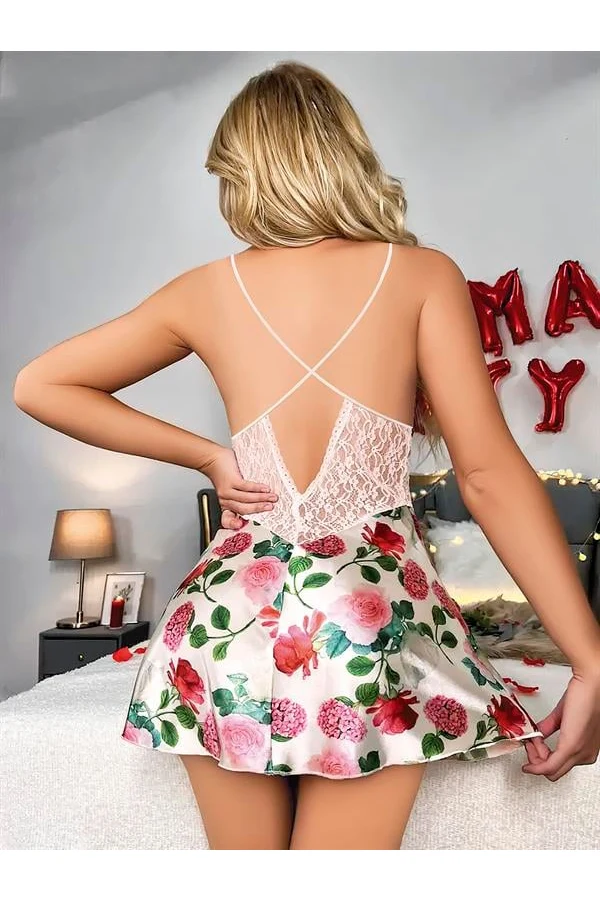 Arias Closet Özel Tasarım Gül Desenli İnce Askılı Dantel İşlemeli Mini Saten Gecelik
