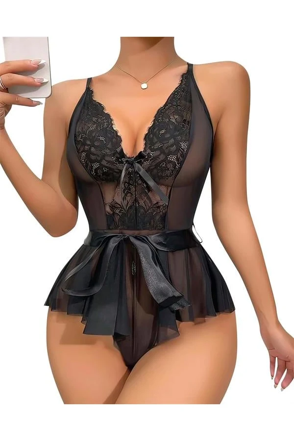 Arias Closet Siyah Dantel İşlemeli Kurdelalı Fantezi Tül Babydoll