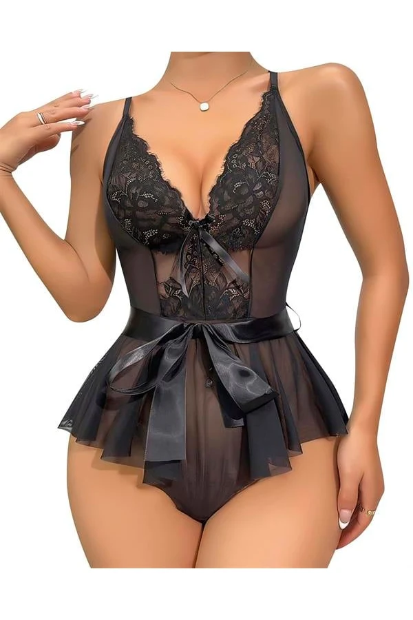 Arias Closet Siyah Dantel İşlemeli Kurdelalı Fantezi Tül Babydoll