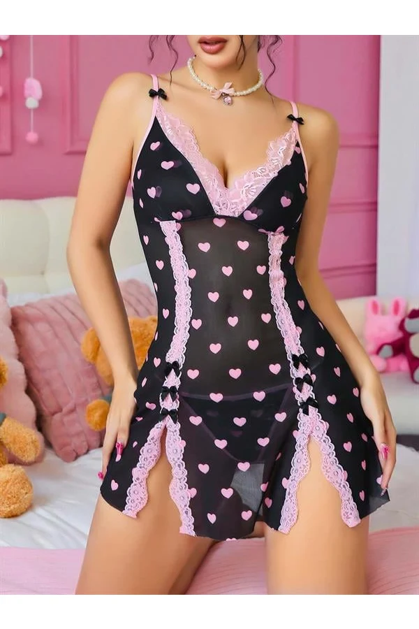 Arias Closet Siyah Kalp Desenli Dantel İşlemeli Fantezi Gecelik