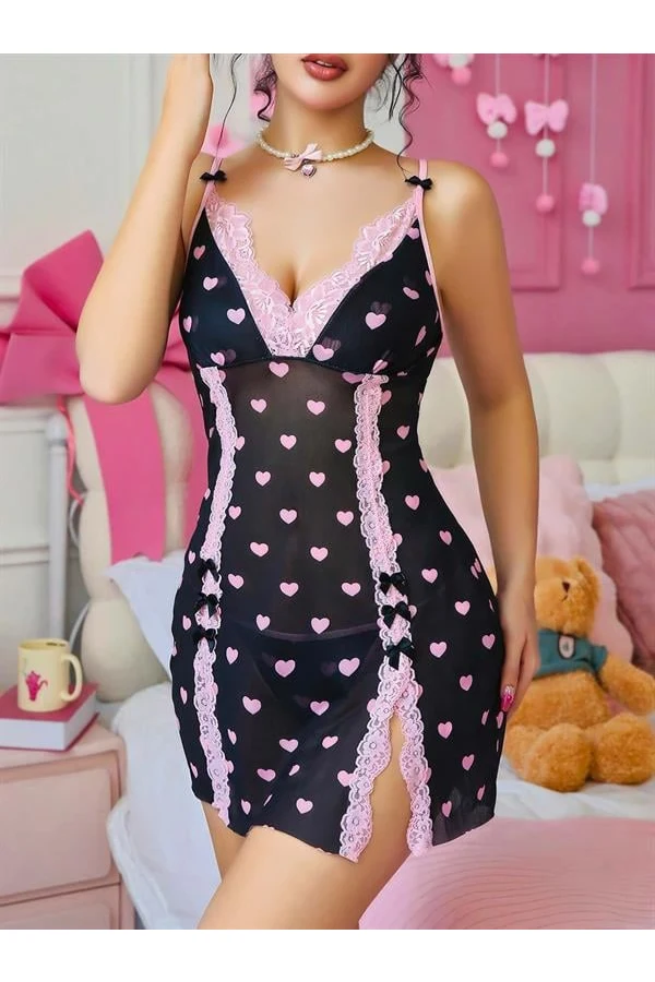 Arias Closet Siyah Kalp Desenli Dantel İşlemeli Fantezi Gecelik
