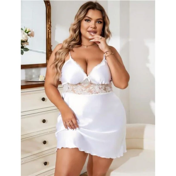 Arias Closet Büyük Beden Beyaz Dantel İşlemeli Saten Gecelik