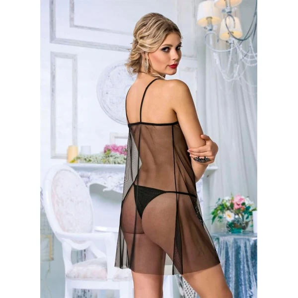 Arias Closet Siyah Dantel İşlemeli Önden Yırtmaçlı Fantezi Tül Gecelik Takımı