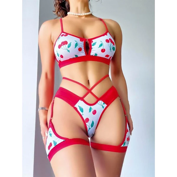 Arias Closet Bacak Bantlı Kiraz Desenli Jartiyer Takımı