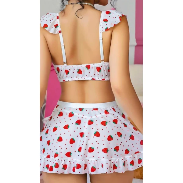 Arias Closet Beyaz Çilek Desenli Etekli Fantezi Sütyen Takım