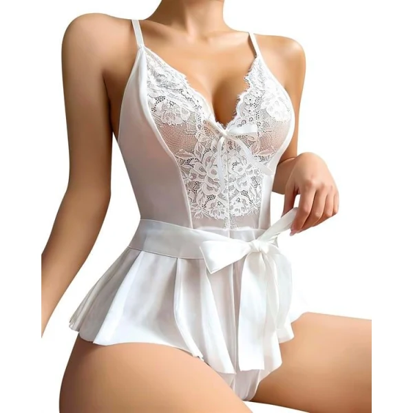 Arias Closet Beyaz Dantel İşlemeli Kurdelalı Fantezi Tül Babydoll