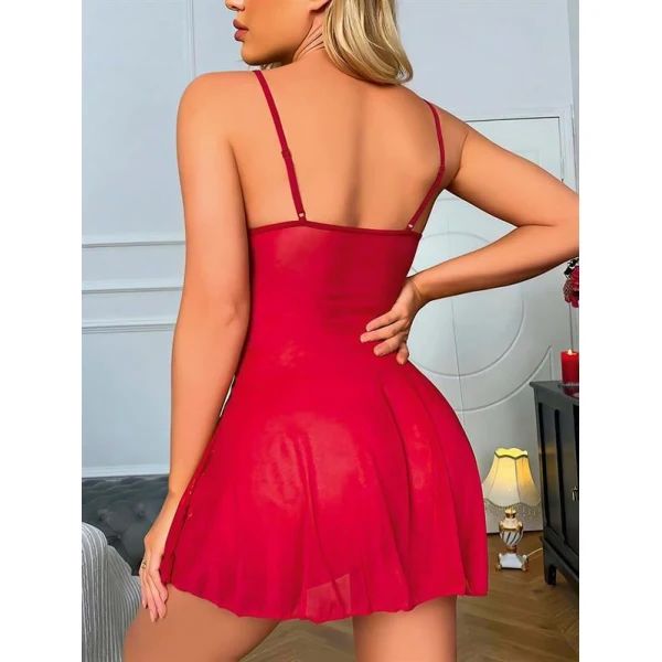 Arias Closet Bordo Dantel İşlemeli Göğüs İp Detaylı Fantezi Tül Gecelik Takımı