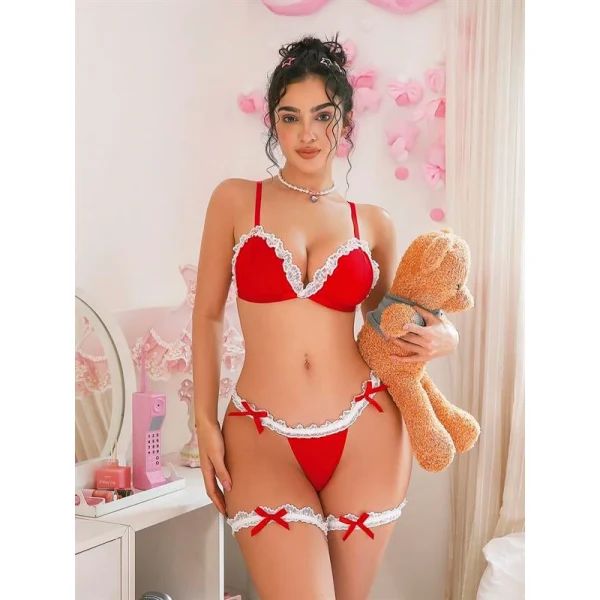 Arias Closet Boyunluklu Bacak Aksesuarlı Kırmızı Fantezi Hizmetçi Kostümü