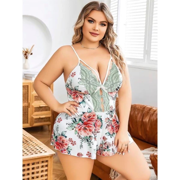 Arias Closet Büyük Beden Beyaz Üstüne Çiçek Desenli Dantel İşlemeli İnce Askılı Şort Gecelik