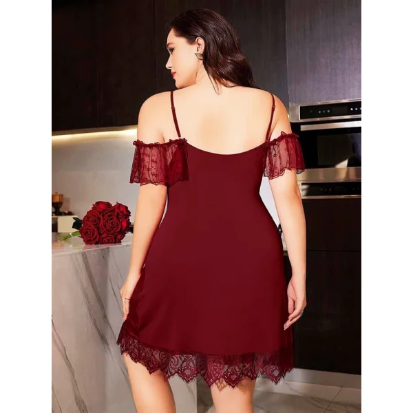 Arias Closet Büyük Beden Bordo Dantel İşlemeli İnce Askılı Gecelik
