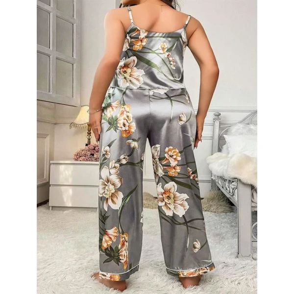 Arias Closet Büyük Beden Çiçek Desenli İnce Askılı Gri 2li Takım