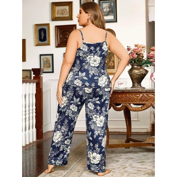 Arias Closet Büyük Beden Çiçek Desenli İnce Askılı Lacivert 2li Takım