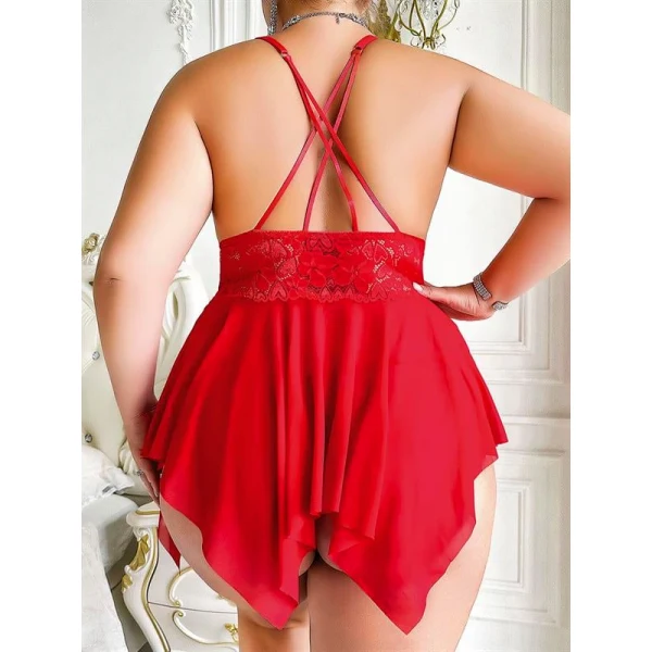 Arias Closet Büyük Beden Dantel İşlemeli Fırfırlı Dekolteli Fantezi Tül Kırmızı Gecelik