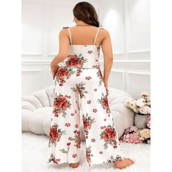 Arias Closet Büyük Beden Gül Desenli İnce Askılı Beyaz Salaş 2li Takım