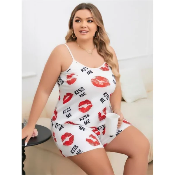 Arias Closet Büyük Beden Kiss Me Öpücük Desen Pamuklu Şortlu Pijama Takımı