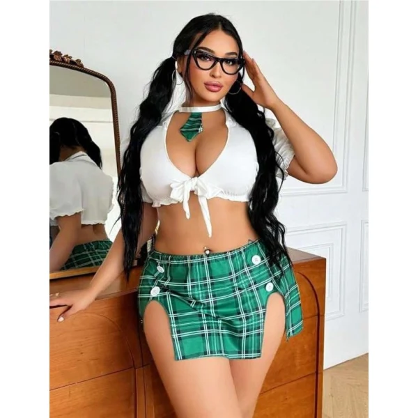 Arias Closet Büyük Beden Kravatlı Yeşil Ekose Desen Etekli Fantezi Liseli Kostüm